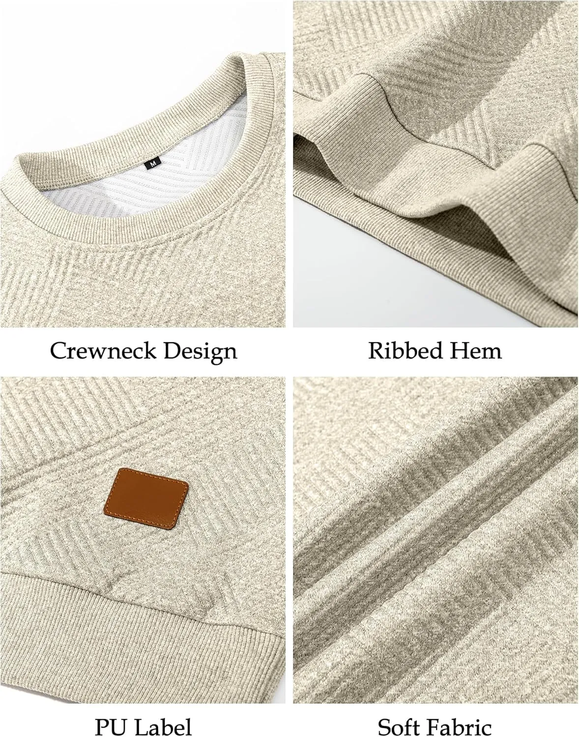 Men's Crewneck Sweatshirts with Arm Pocket Long Sleeve Pullover Sweater Geometric Texture Sweatshirt Lightweight