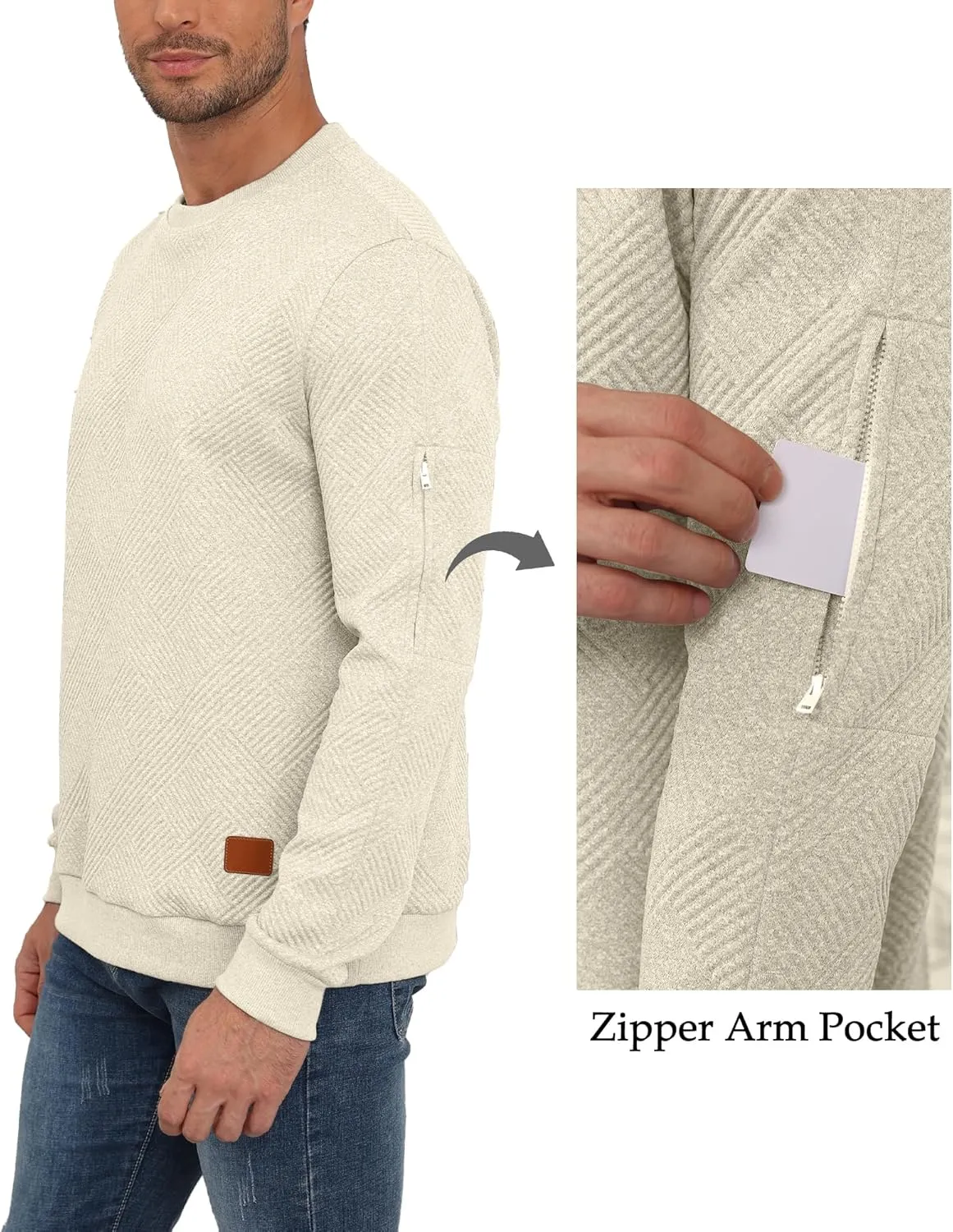 Men's Crewneck Sweatshirts with Arm Pocket Long Sleeve Pullover Sweater Geometric Texture Sweatshirt Lightweight
