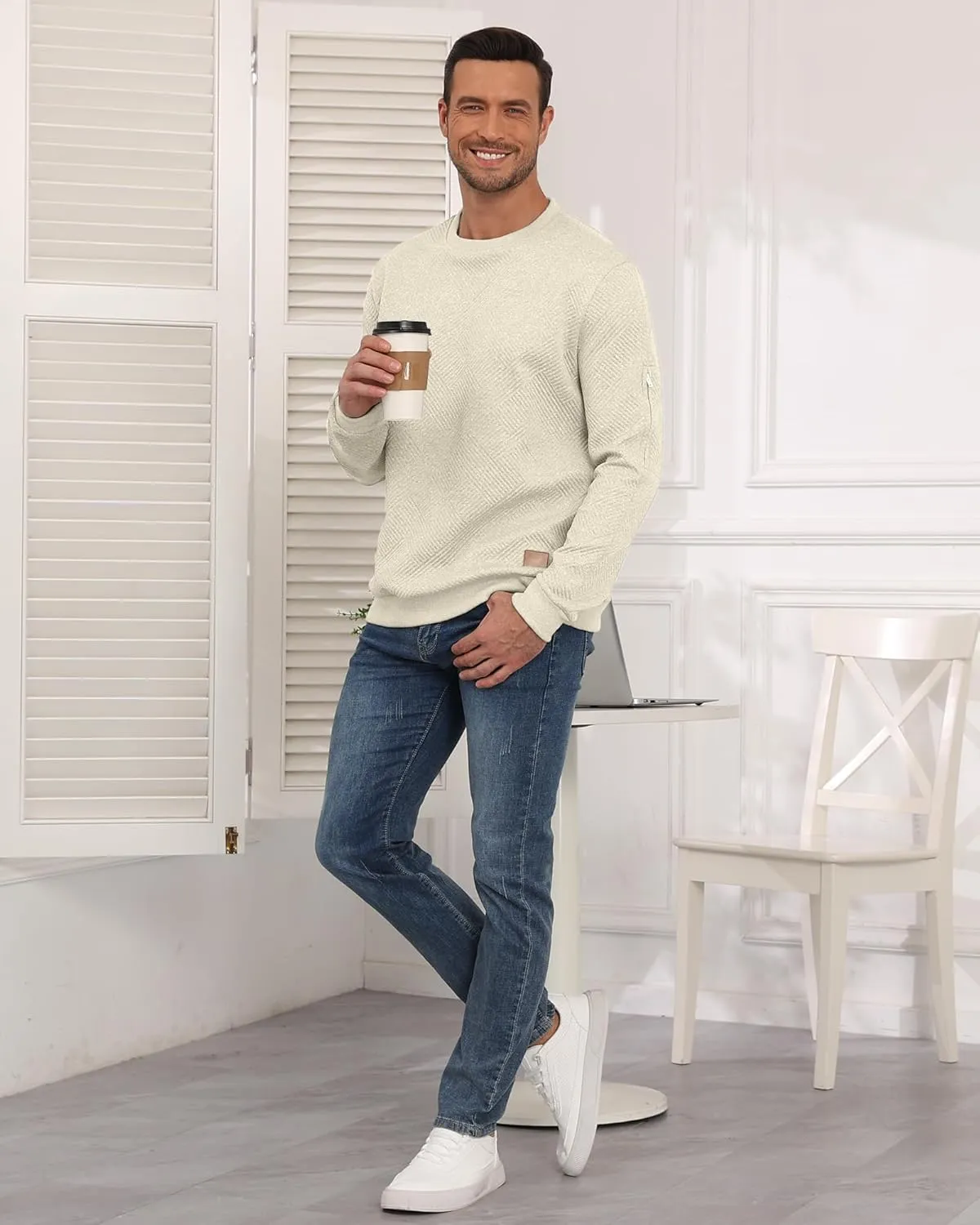 Men's Crewneck Sweatshirts with Arm Pocket Long Sleeve Pullover Sweater Geometric Texture Sweatshirt Lightweight