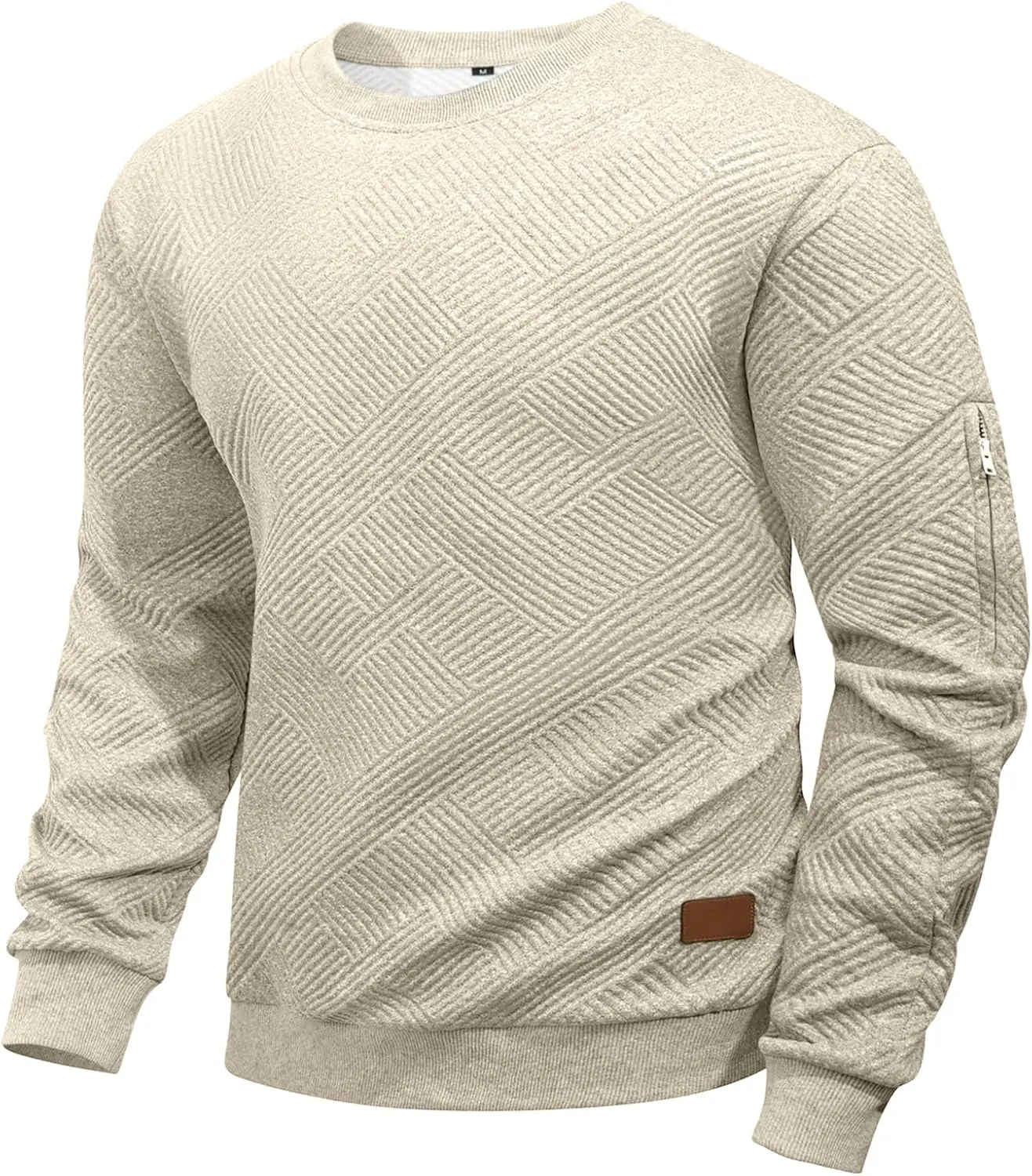 Men's Crewneck Sweatshirts with Arm Pocket Long Sleeve Pullover Sweater Geometric Texture Sweatshirt Lightweight