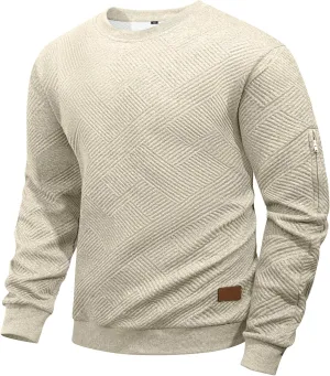 Men's Crewneck Sweatshirts with Arm Pocket Long Sleeve Pullover Sweater Geometric Texture Sweatshirt Lightweight