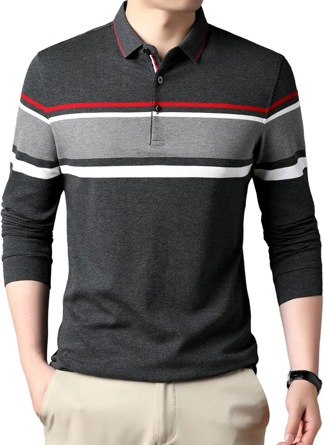 Men's Long Sleeve Polo Shirts for Golf - 100% Cotton, Moisture-Wicking & Stretch, Classic 3-Button Collar Design