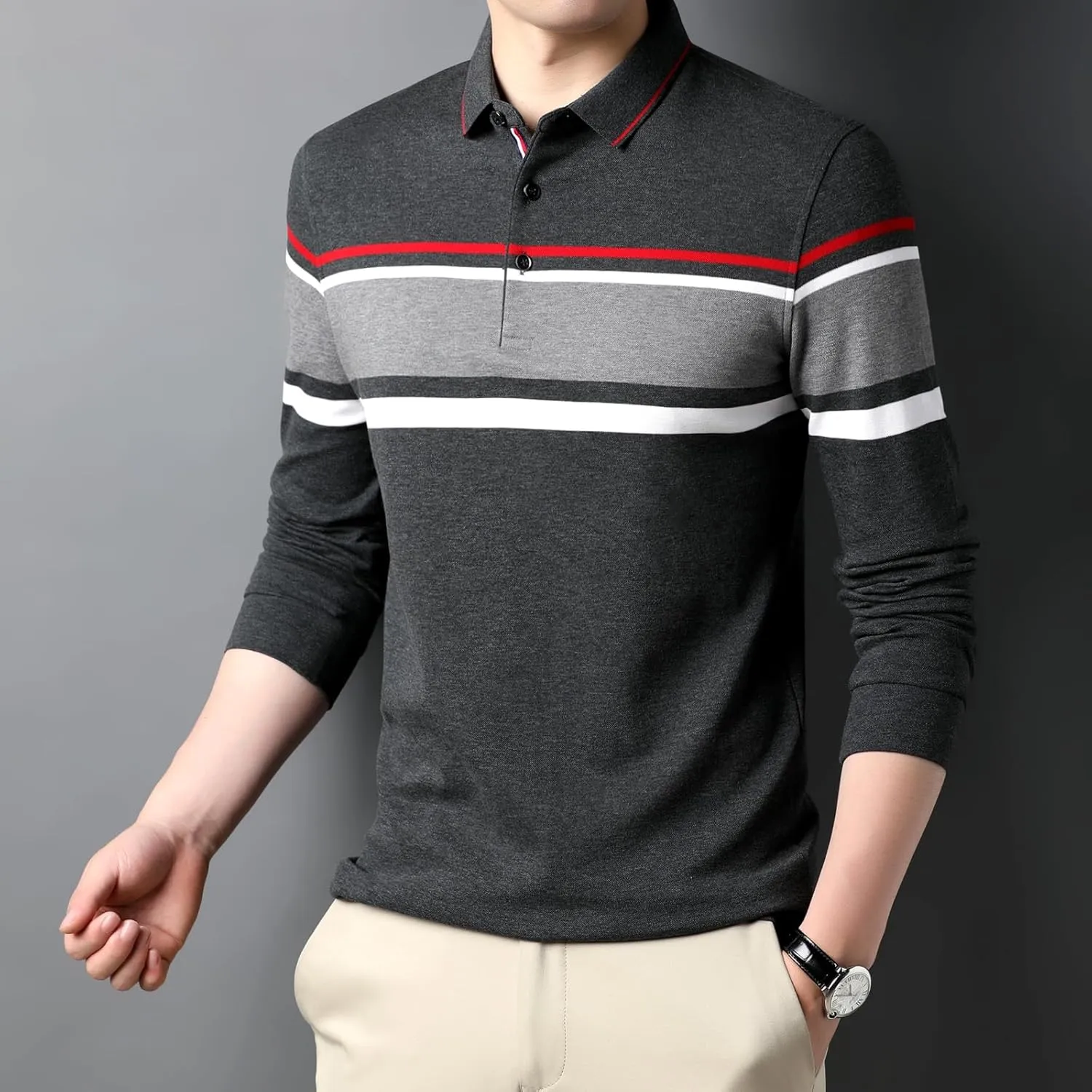 Men's Long Sleeve Polo Shirts for Golf - 100% Cotton, Moisture-Wicking & Stretch, Classic 3-Button Collar Design