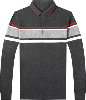 Men's Long Sleeve Polo Shirts for Golf - 100% Cotton, Moisture-Wicking & Stretch, Classic 3-Button Collar Design