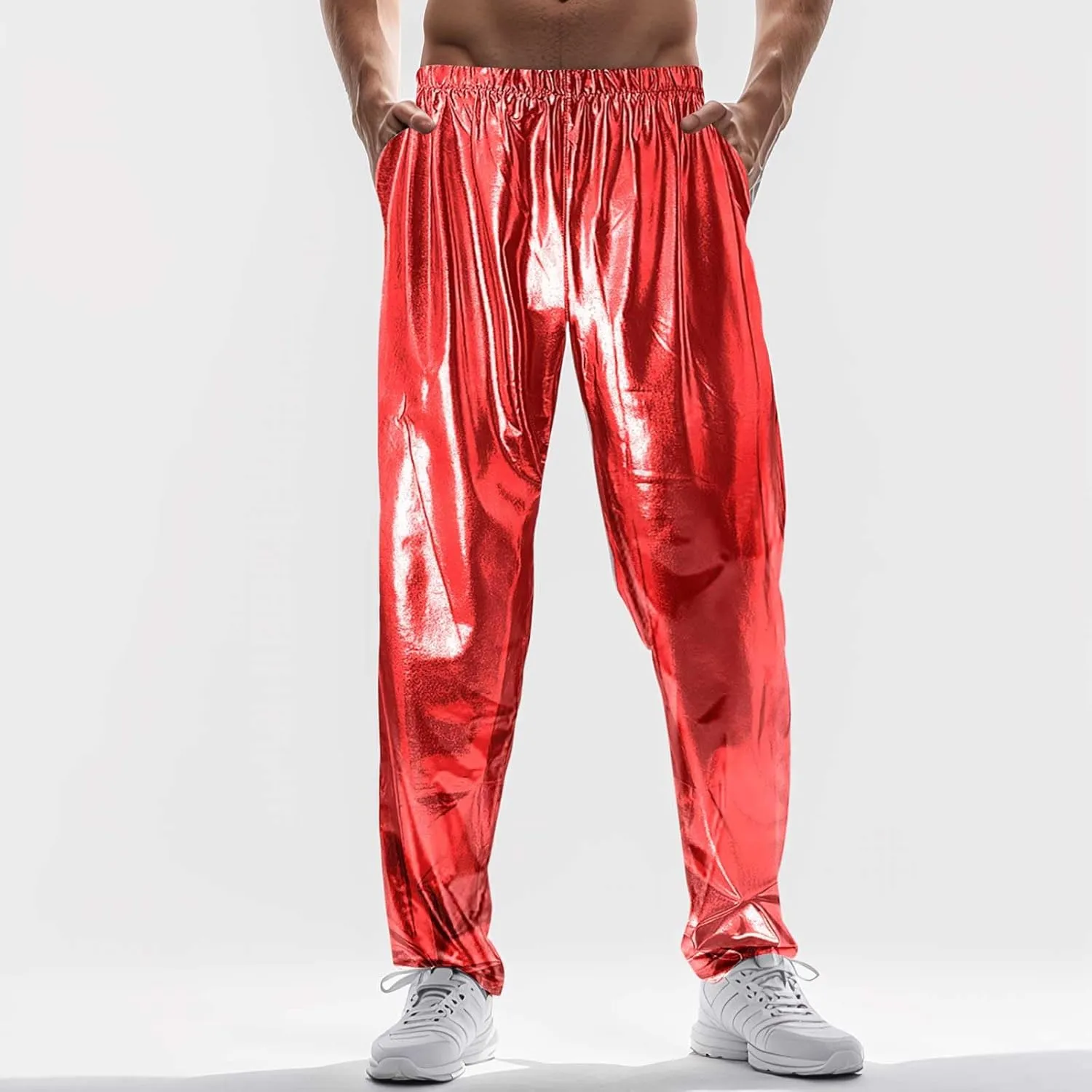 Men's Pants with A Wet Metallic Look Bright Wet Holographic Look Casual Loose Comfy Soft Wide Leg Pants
