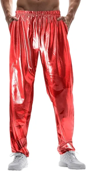 Men's Pants with A Wet Metallic Look Bright Wet Holographic Look Casual Loose Comfy Soft Wide Leg Pants