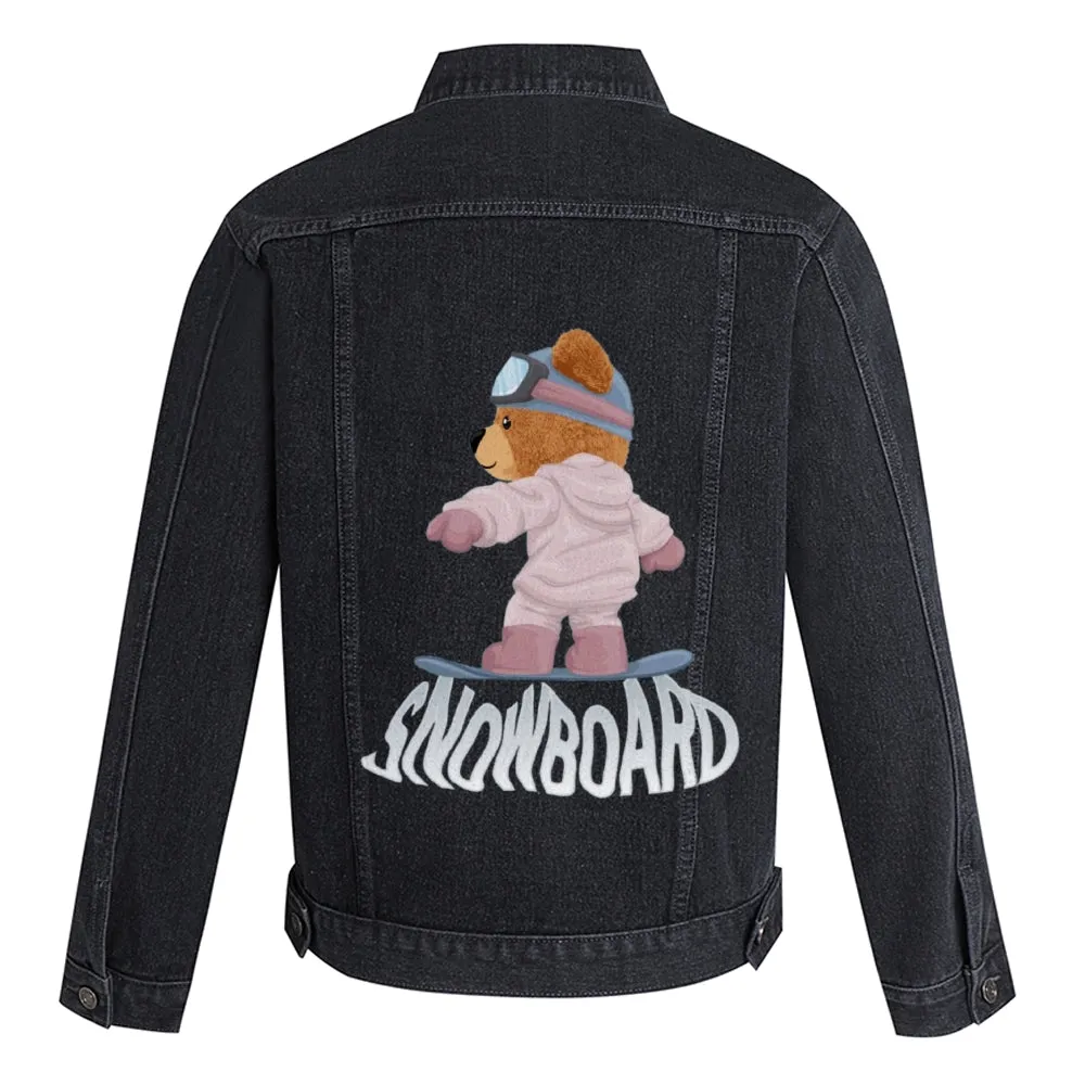 Mens Vintage Cartoon Cute Bear Prints SNOWBOARD Denim Jacket