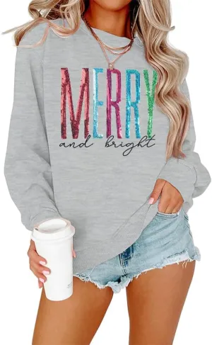 Merry and Bright Sweatshirt Women Merry Christmas Letter Print Long Sleeve Sweater Xmas Crewneck Pullover Casual Blouse Tops