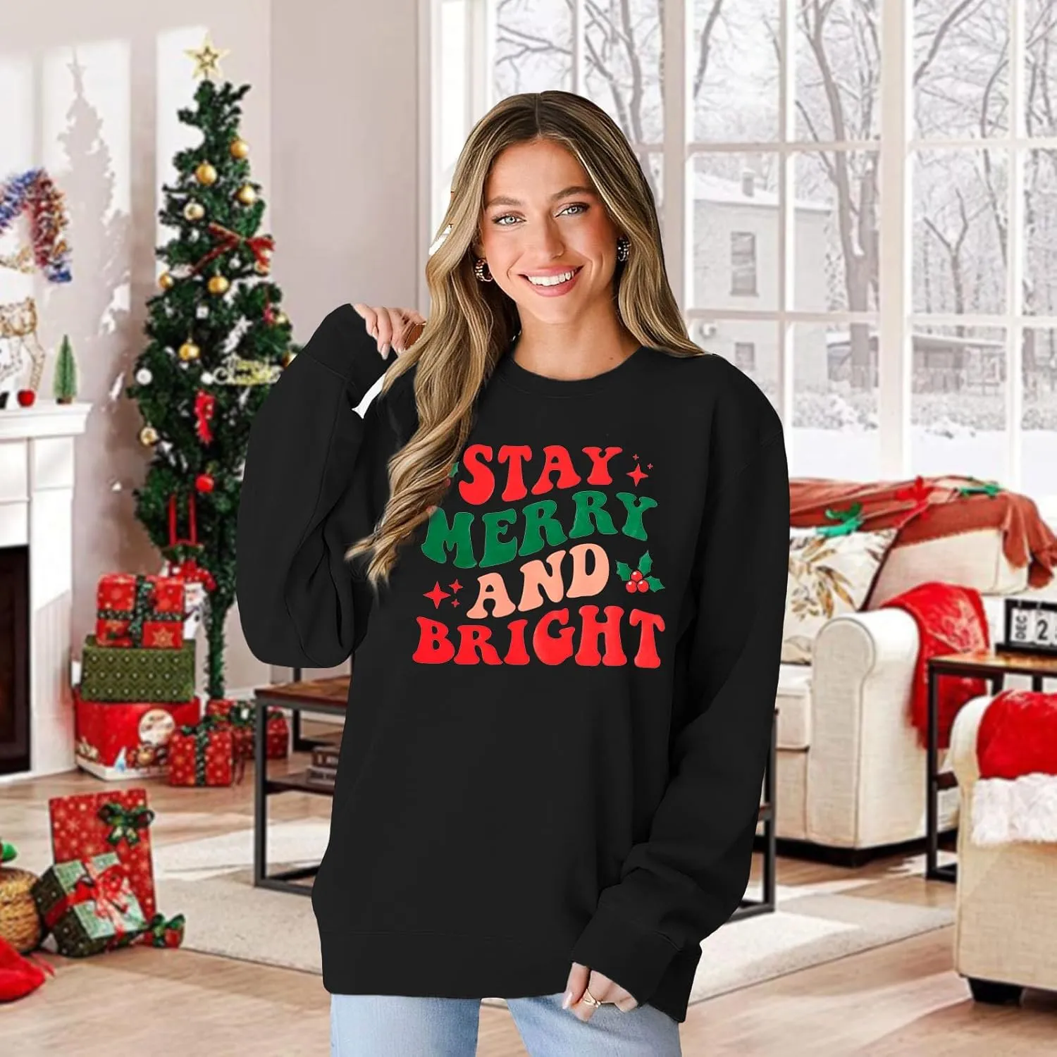 Merry and Bright Sweatshirt Women Merry Christmas Letter Print Long Sleeve Sweater Xmas Crewneck Pullover Casual Blouse Tops