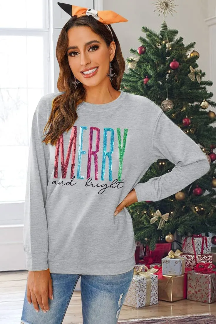 Merry and Bright Sweatshirt Women Merry Christmas Letter Print Long Sleeve Sweater Xmas Crewneck Pullover Casual Blouse Tops