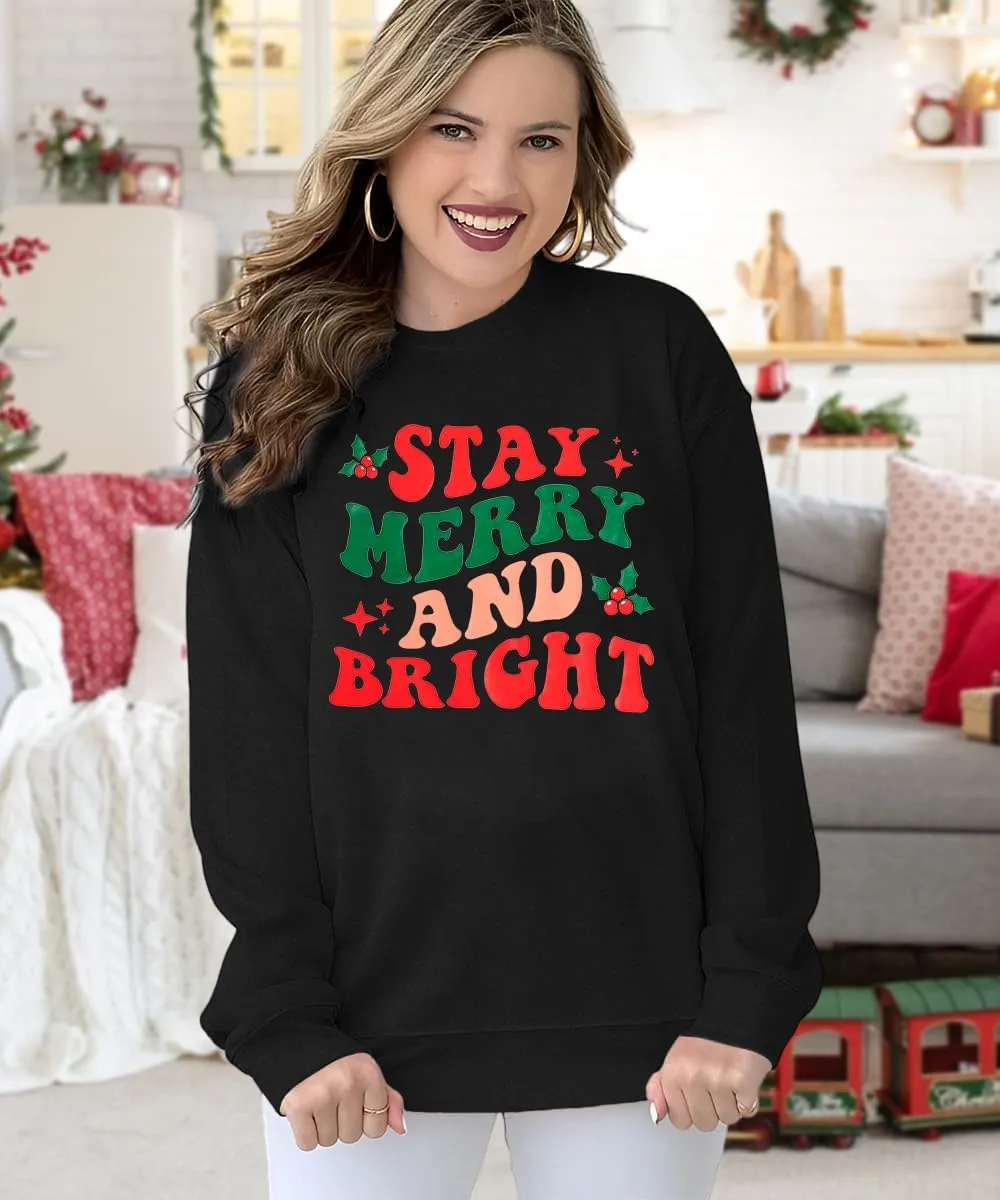 Merry and Bright Sweatshirt Women Merry Christmas Letter Print Long Sleeve Sweater Xmas Crewneck Pullover Casual Blouse Tops