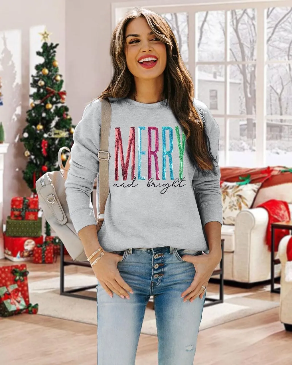 Merry and Bright Sweatshirt Women Merry Christmas Letter Print Long Sleeve Sweater Xmas Crewneck Pullover Casual Blouse Tops
