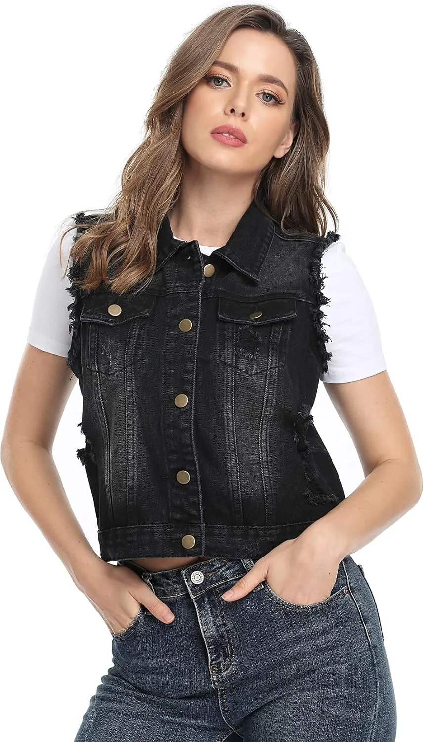 MISS MOLY Women's Cropped Distressed Ripped Denim Vest Classic Sleeveless Jean Vest Jackets With Flap Pockets