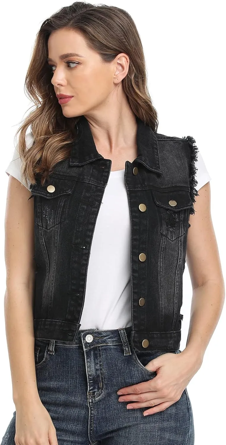MISS MOLY Women's Cropped Distressed Ripped Denim Vest Classic Sleeveless Jean Vest Jackets With Flap Pockets