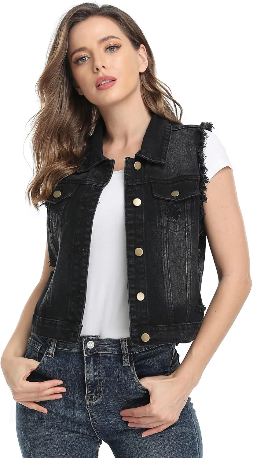 MISS MOLY Women's Cropped Distressed Ripped Denim Vest Classic Sleeveless Jean Vest Jackets With Flap Pockets