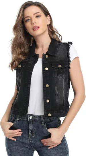 MISS MOLY Women's Cropped Distressed Ripped Denim Vest Classic Sleeveless Jean Vest Jackets With Flap Pockets