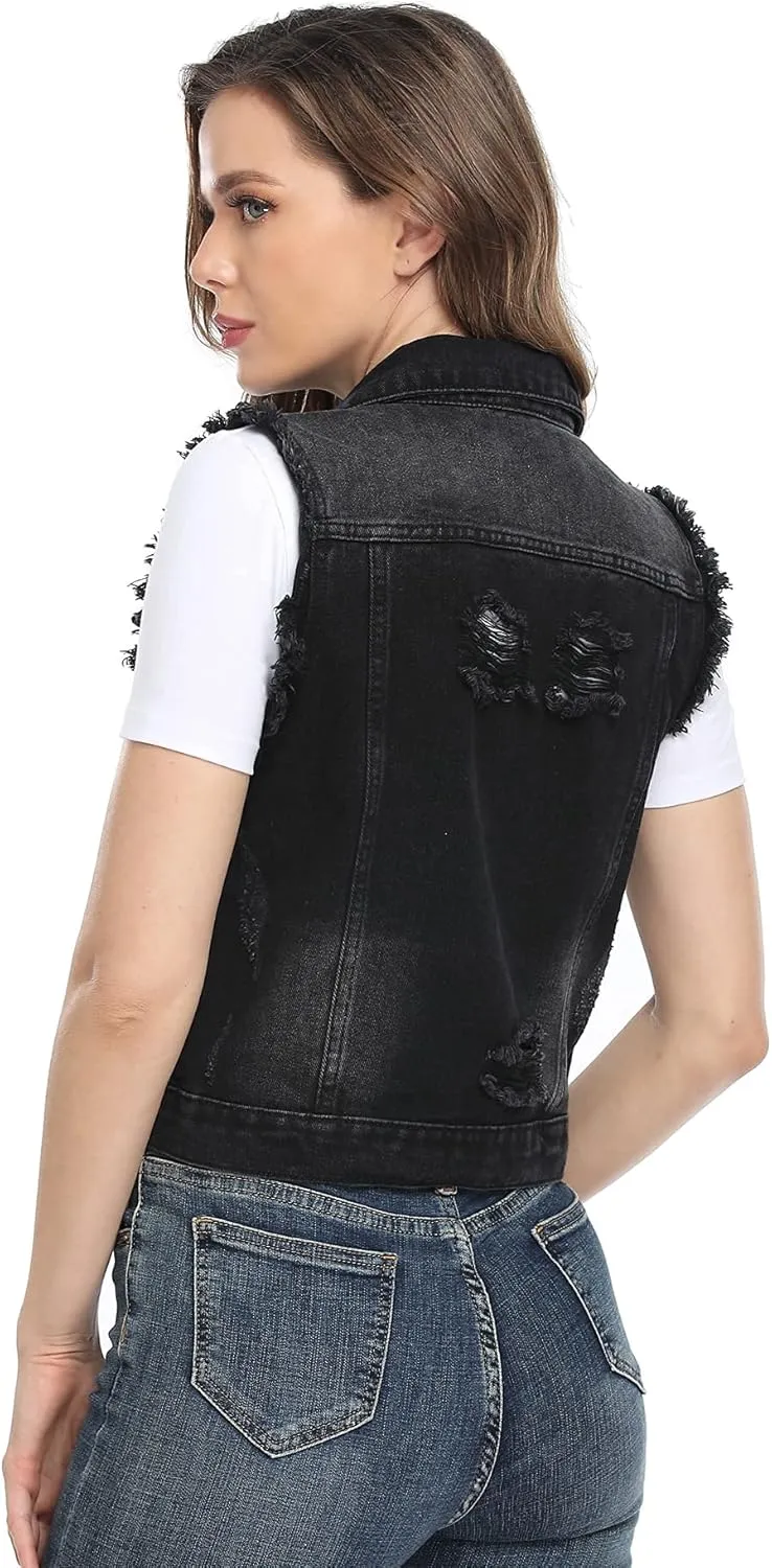 MISS MOLY Women's Cropped Distressed Ripped Denim Vest Classic Sleeveless Jean Vest Jackets With Flap Pockets