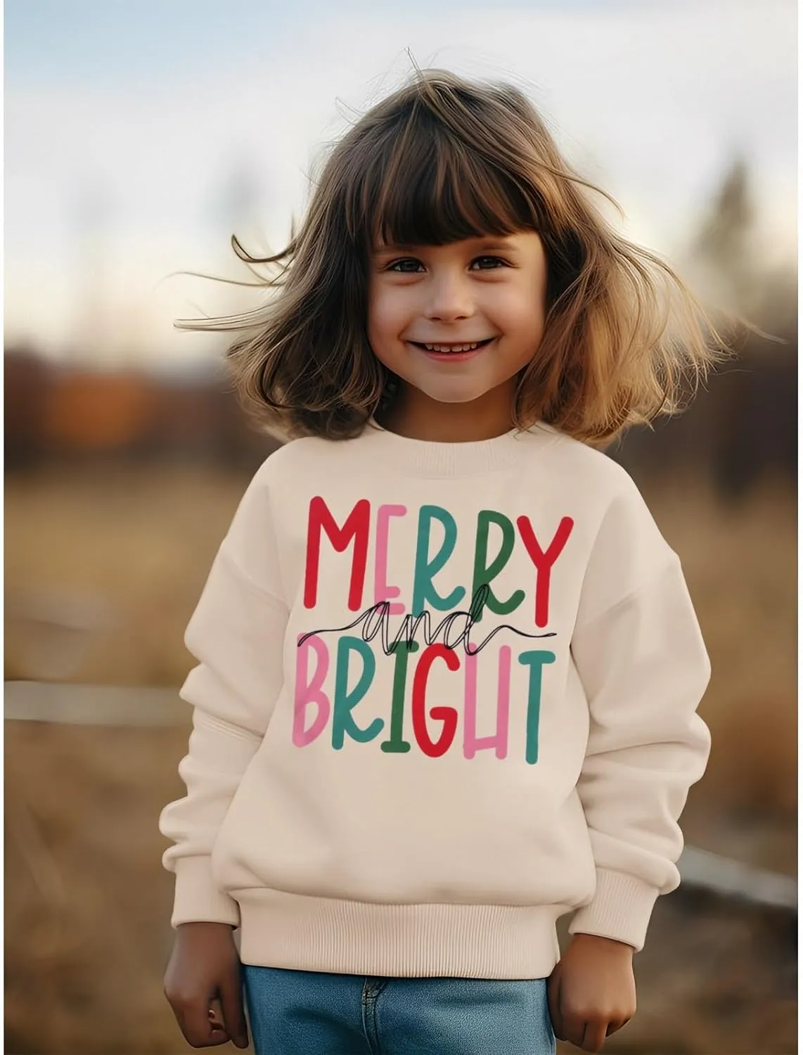 MODNTOGA Kids Boy Girl Merry and Bright Crewneck Sweatshirt Merry Christmas Sweatshirt Retro Xmas Long Sleeve Pullover Tops