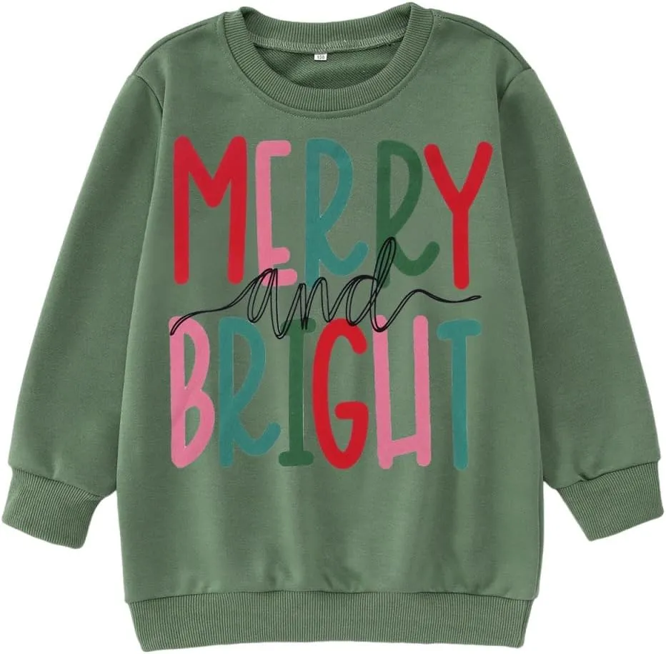 MODNTOGA Kids Boy Girl Merry and Bright Crewneck Sweatshirt Merry Christmas Sweatshirt Retro Xmas Long Sleeve Pullover Tops