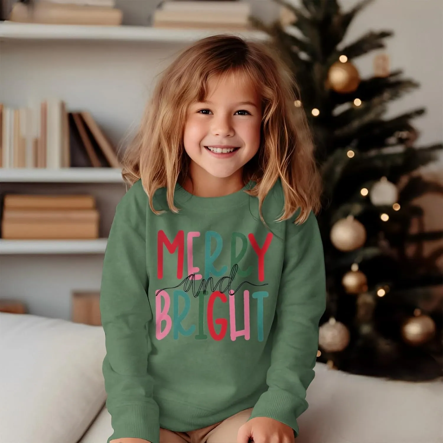 MODNTOGA Kids Boy Girl Merry and Bright Crewneck Sweatshirt Merry Christmas Sweatshirt Retro Xmas Long Sleeve Pullover Tops