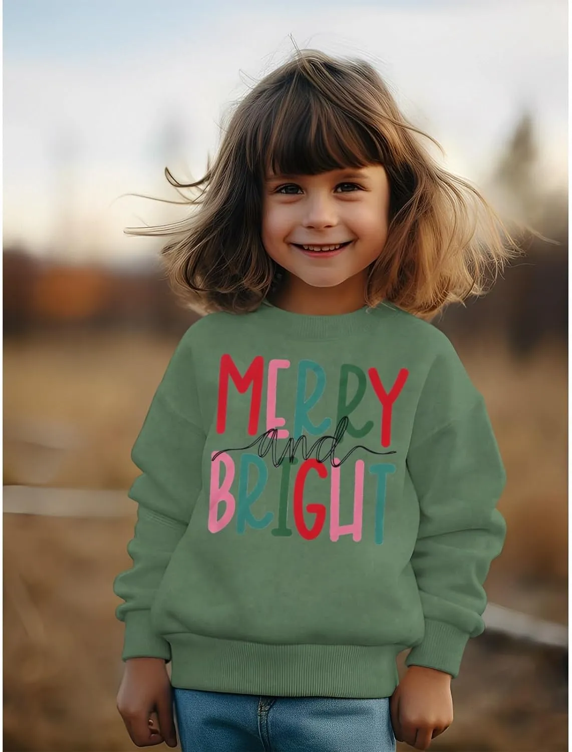 MODNTOGA Kids Boy Girl Merry and Bright Crewneck Sweatshirt Merry Christmas Sweatshirt Retro Xmas Long Sleeve Pullover Tops