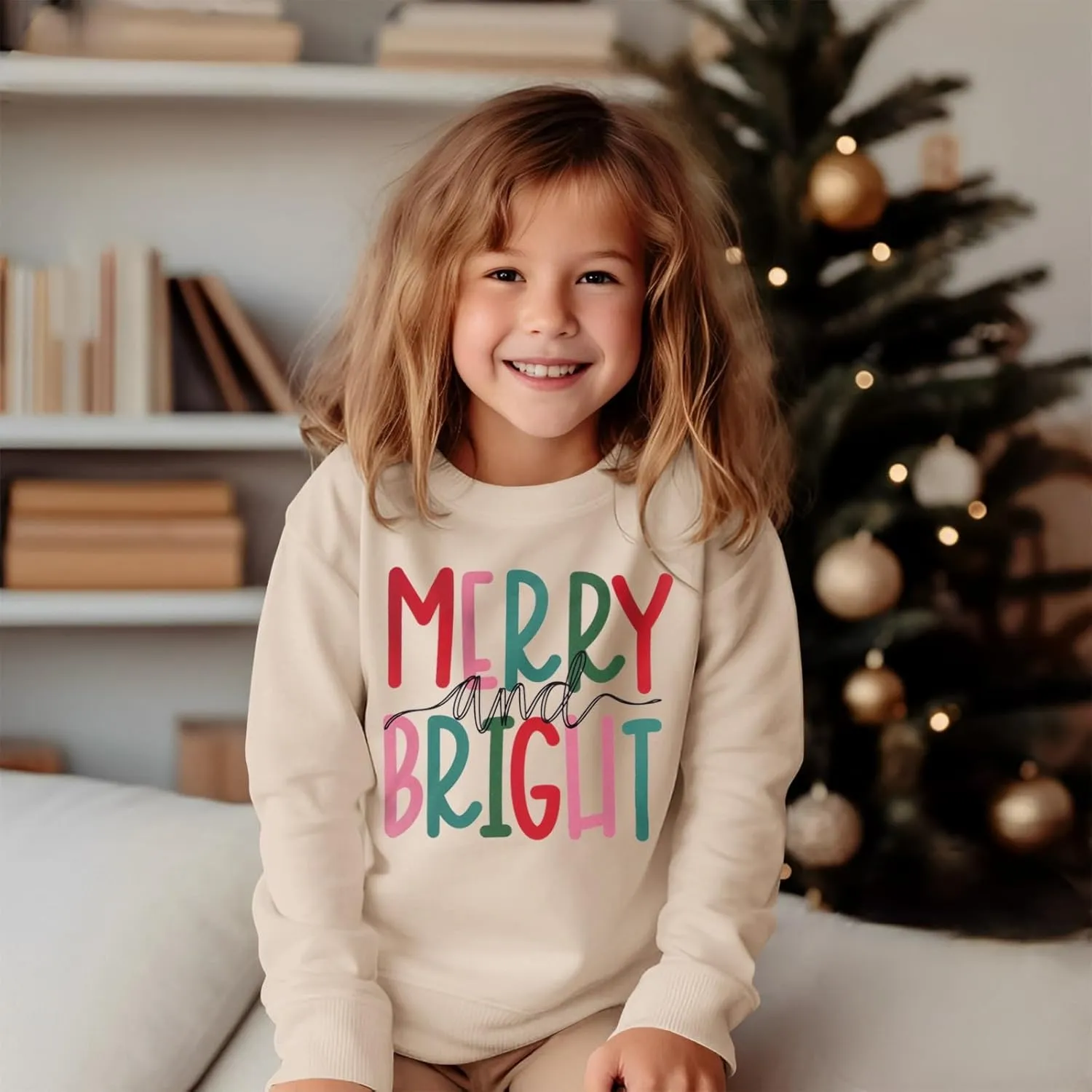 MODNTOGA Kids Boy Girl Merry and Bright Crewneck Sweatshirt Merry Christmas Sweatshirt Retro Xmas Long Sleeve Pullover Tops
