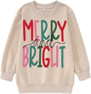 MODNTOGA Kids Boy Girl Merry and Bright Crewneck Sweatshirt Merry Christmas Sweatshirt Retro Xmas Long Sleeve Pullover Tops