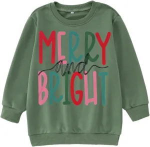 MODNTOGA Kids Boy Girl Merry and Bright Crewneck Sweatshirt Merry Christmas Sweatshirt Retro Xmas Long Sleeve Pullover Tops