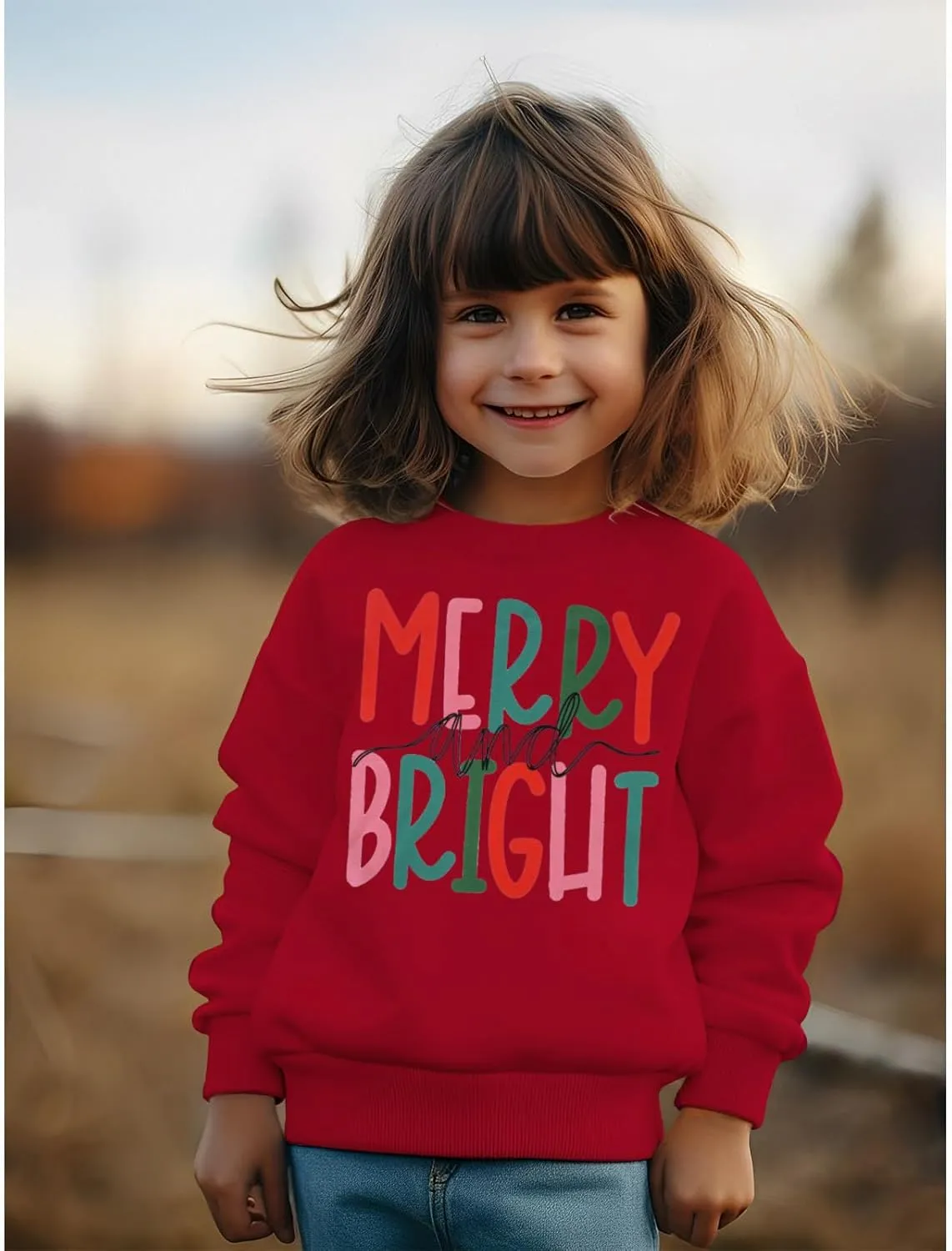 MODNTOGA Kids Boy Girl Merry and Bright Crewneck Sweatshirt Merry Christmas Sweatshirt Retro Xmas Long Sleeve Pullover Tops