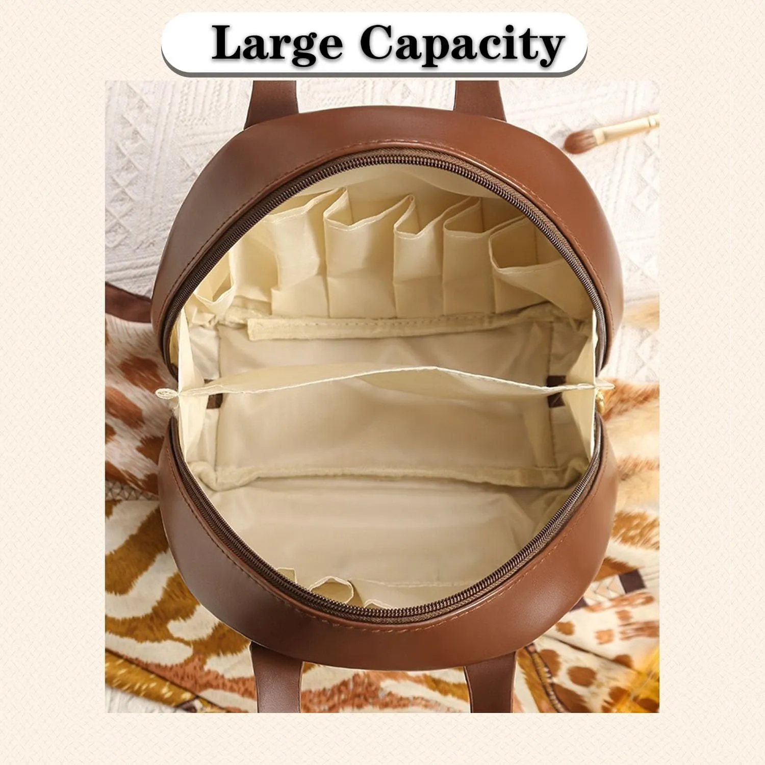 Multi-Layered Shell-Shaped Cosmetic Bag, Cosmetic Bag With Compartments, Shell Shaped Cosmetic Bag, Portable Large Capacity Pu Shell Waterproof Handbag Style Cosmetic Bag (Brown, （8.66*9.06*4.72）inch)
