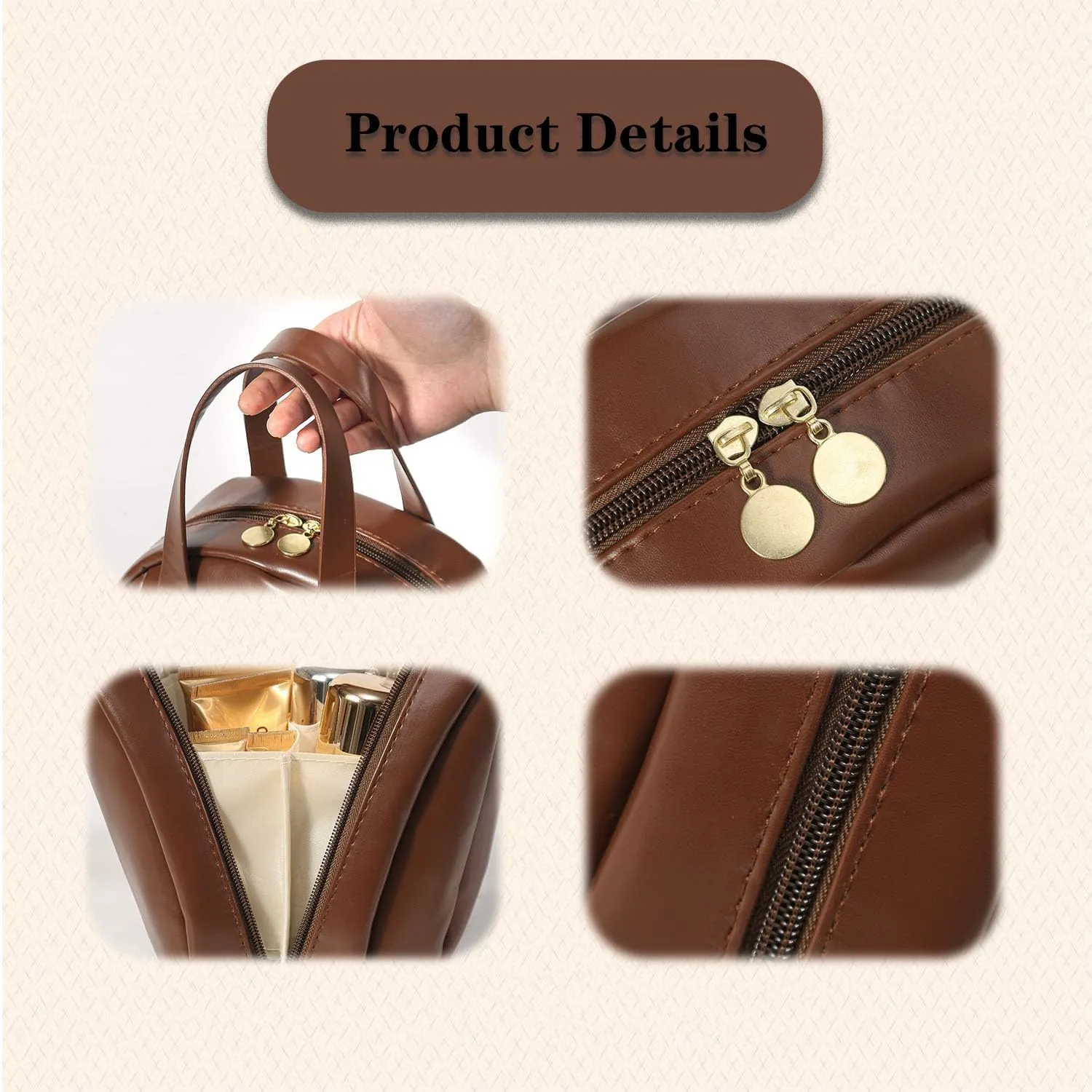 Multi-Layered Shell-Shaped Cosmetic Bag, Cosmetic Bag With Compartments, Shell Shaped Cosmetic Bag, Portable Large Capacity Pu Shell Waterproof Handbag Style Cosmetic Bag (Brown, （8.66*9.06*4.72）inch)