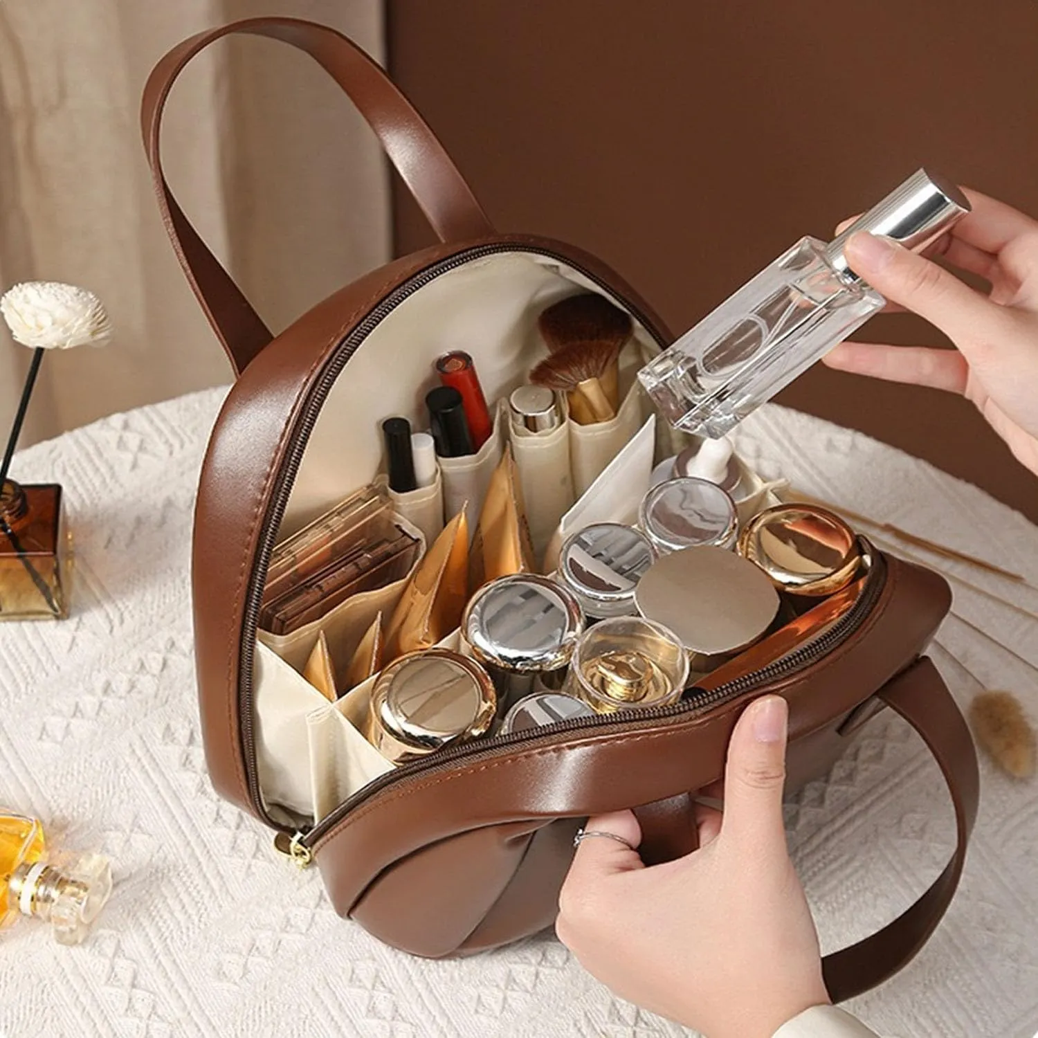Multi-Layered Shell-Shaped Cosmetic Bag, Cosmetic Bag With Compartments, Shell Shaped Cosmetic Bag, Portable Large Capacity Pu Shell Waterproof Handbag Style Cosmetic Bag (Brown, （8.66*9.06*4.72）inch)