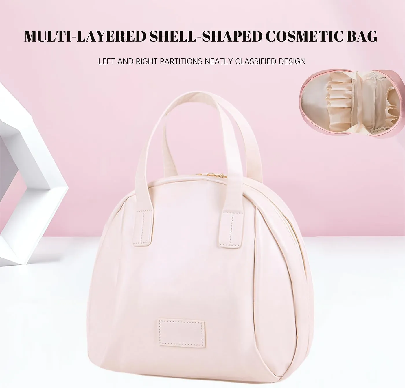 Multi-layered Shell-Shaped Cosmetic Bag, Large Capacity Portable Cosmetic Storage Bag, PU Waterproof Cosmetic Bag (brown)
