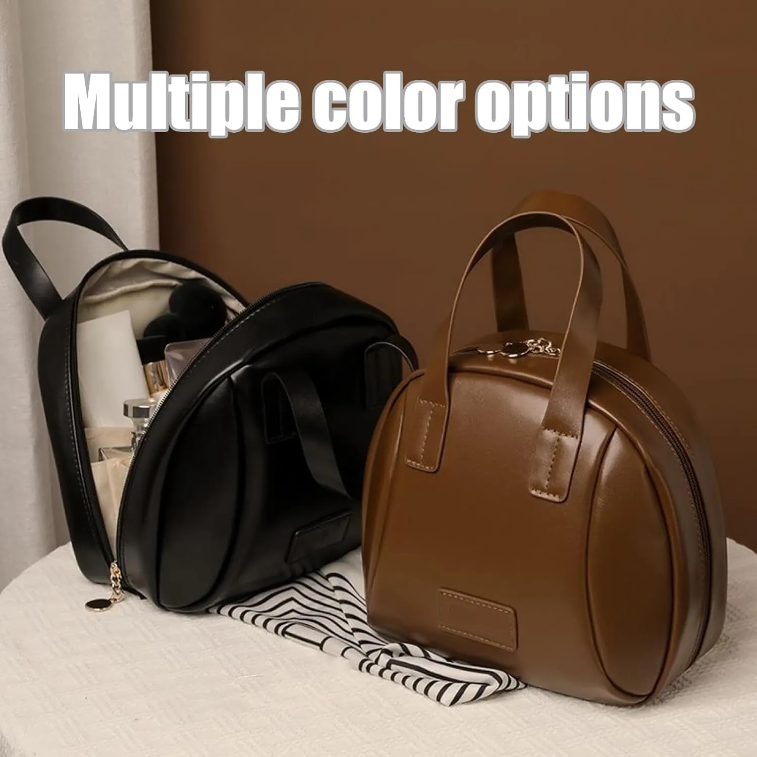 Multi-layered Shell-Shaped Cosmetic Bag,Large Capacity Cosmetic Bags, Make up travel bag organizer,Makeup with Compartments,Waterproof Portable Pouch (Brown)