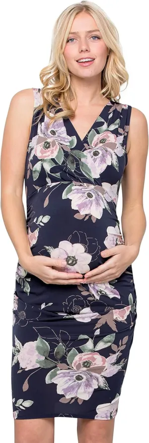 My Bump Maternity Sleeveless V Neck Vintage Style Overlay Wrap Dress