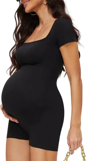 Peauty Buttery Soft Maternity Bodysuit – Short Sleeve Romper, Square Neck, Photoshoot Casual Workout Maternity-Clothes