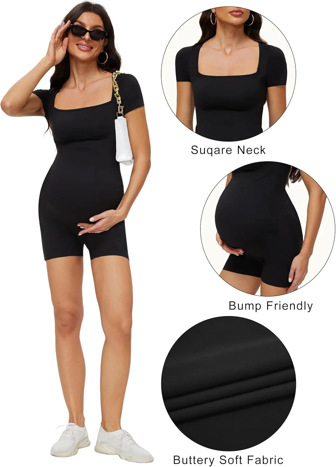Peauty Buttery Soft Maternity Bodysuit – Short Sleeve Romper, Square Neck, Photoshoot Casual Workout Maternity-Clothes