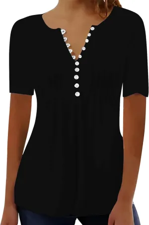 Plus Size Boho Tops for Women,Short Sleeve Tops 2025 Trendy Summer T Shirt Casual V Neck Button Printed Blouse