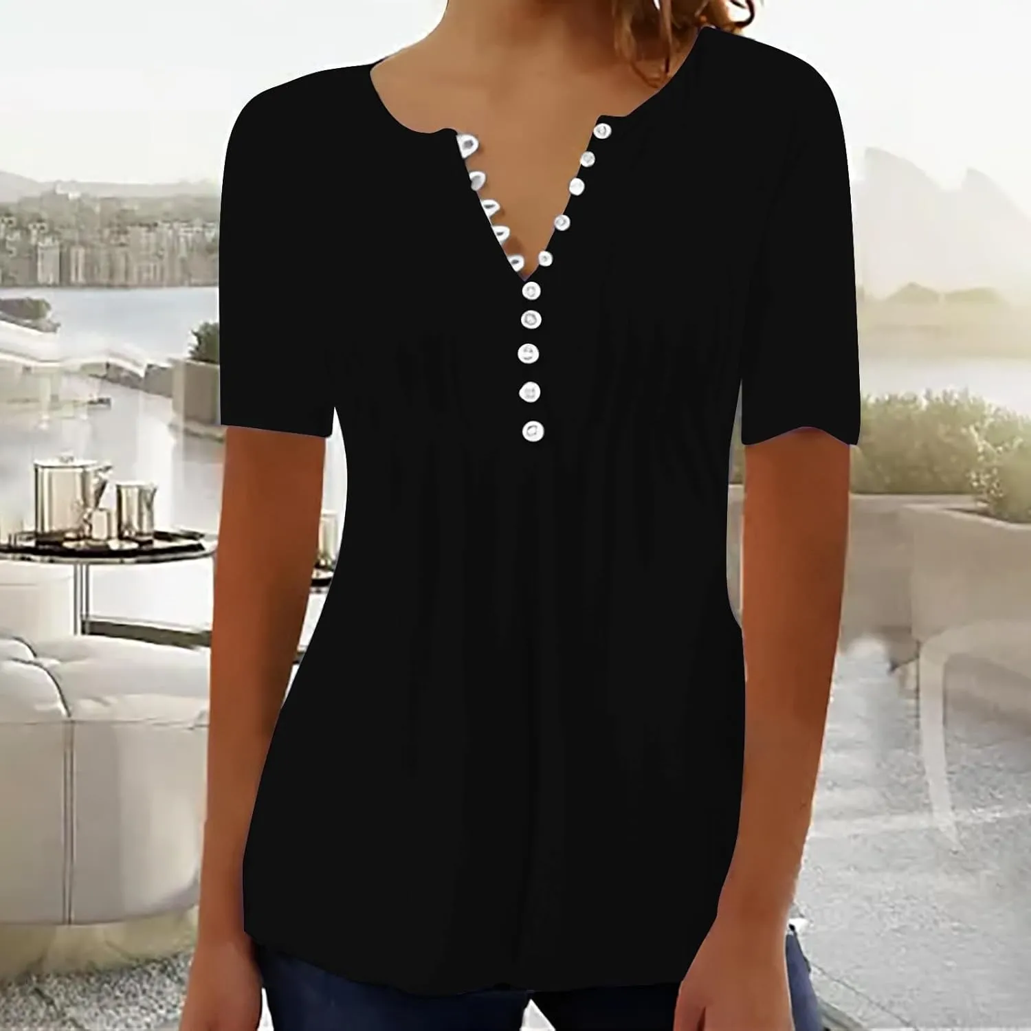 Plus Size Boho Tops for Women,Short Sleeve Tops 2025 Trendy Summer T Shirt Casual V Neck Button Printed Blouse