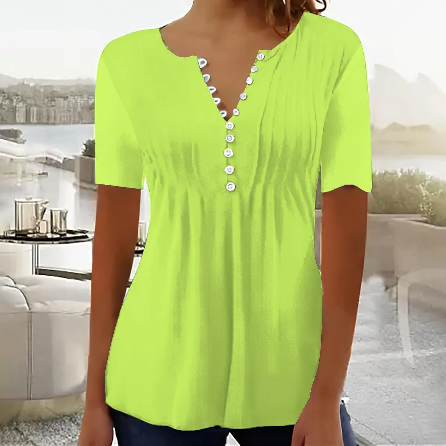 Plus Size Boho Tops for Women,Short Sleeve Tops 2025 Trendy Summer T Shirt Casual V Neck Button Printed Blouse