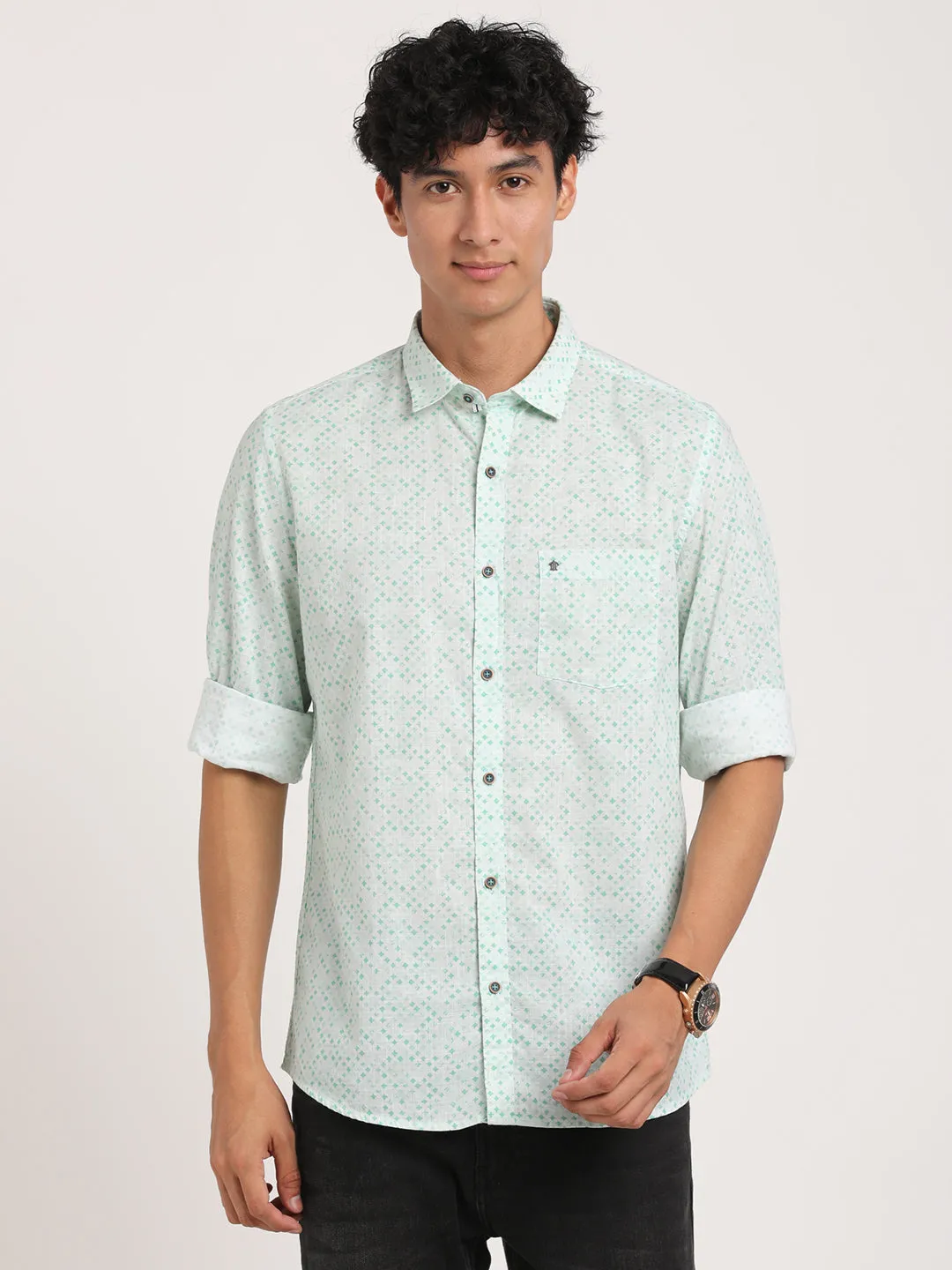 Printed Sea Green Slim Fit Causal Shirt