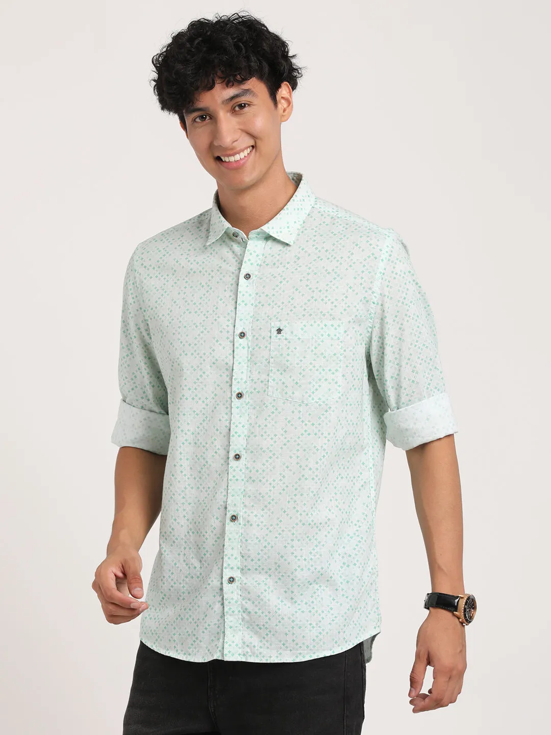 Printed Sea Green Slim Fit Causal Shirt