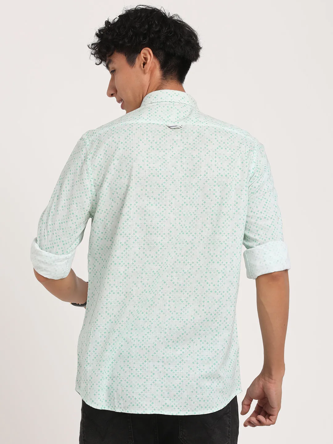 Printed Sea Green Slim Fit Causal Shirt