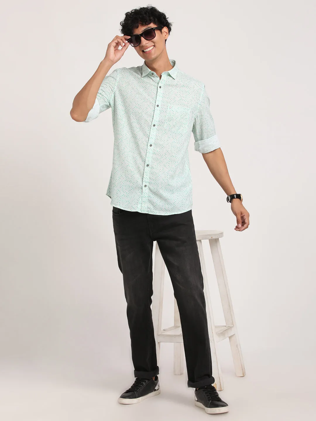 Printed Sea Green Slim Fit Causal Shirt