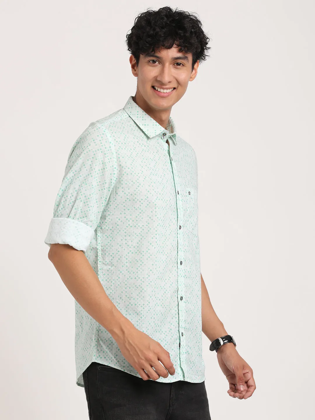 Printed Sea Green Slim Fit Causal Shirt