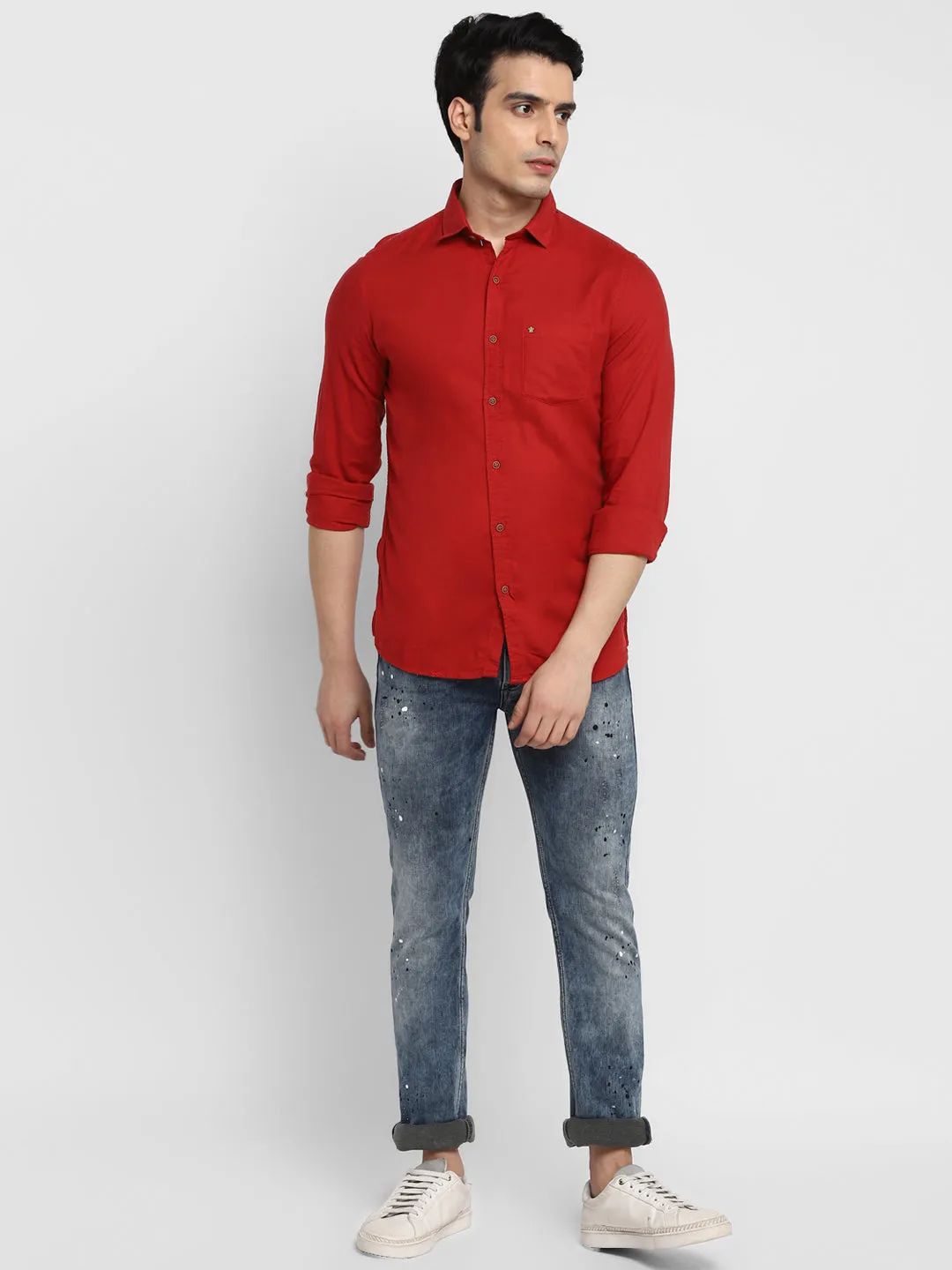Solid Red Slim Fit Casual Shirt For Men