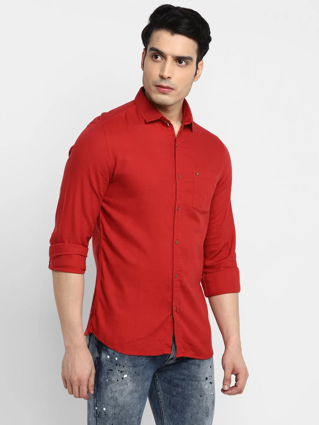 Solid Red Slim Fit Casual Shirt For Men