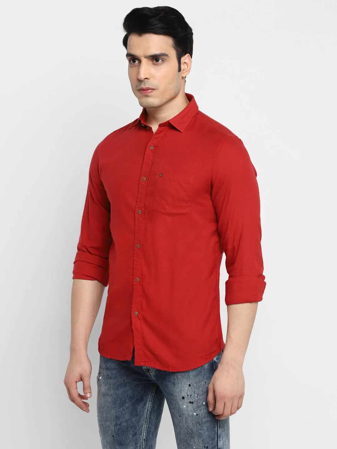 Solid Red Slim Fit Casual Shirt For Men