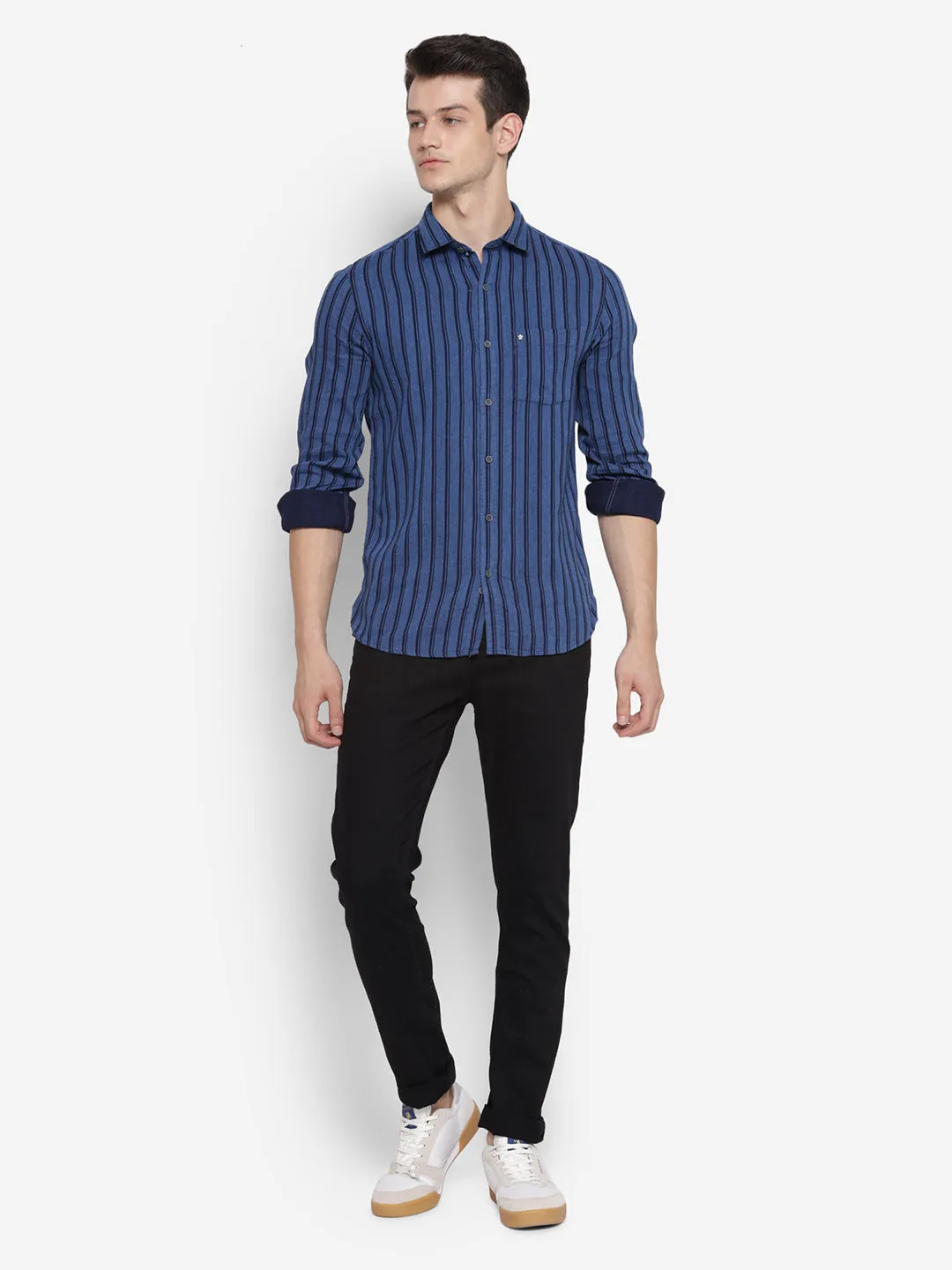 Stiped Navy Blue Slim Fit Causal Shirt