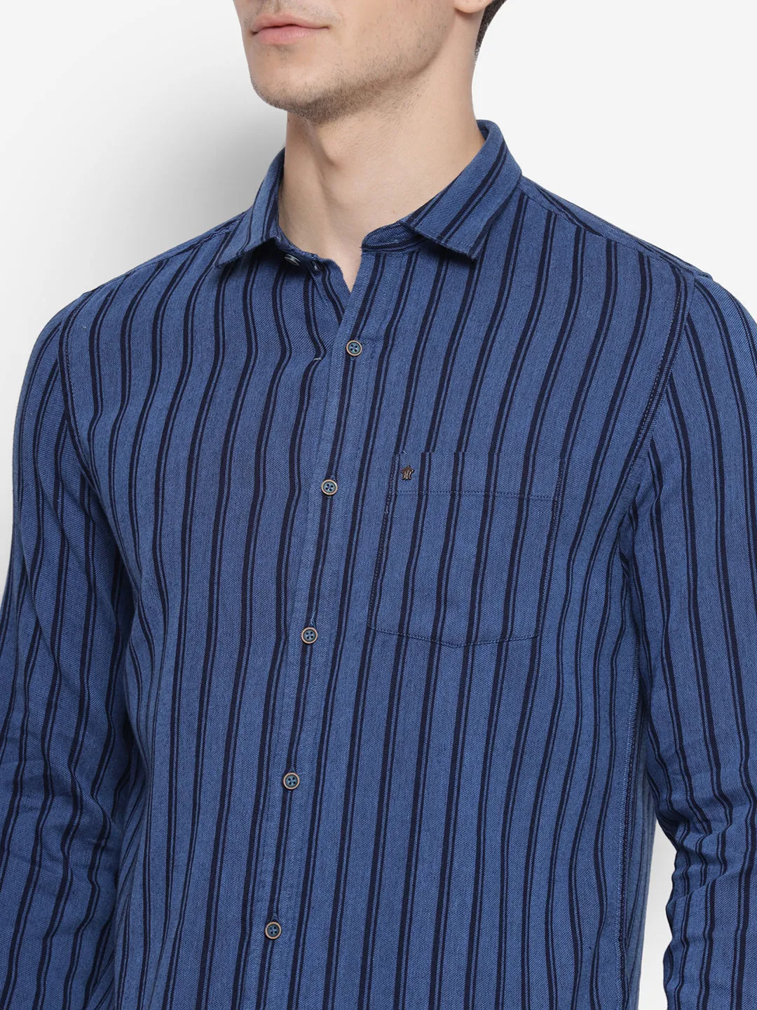 Stiped Navy Blue Slim Fit Causal Shirt